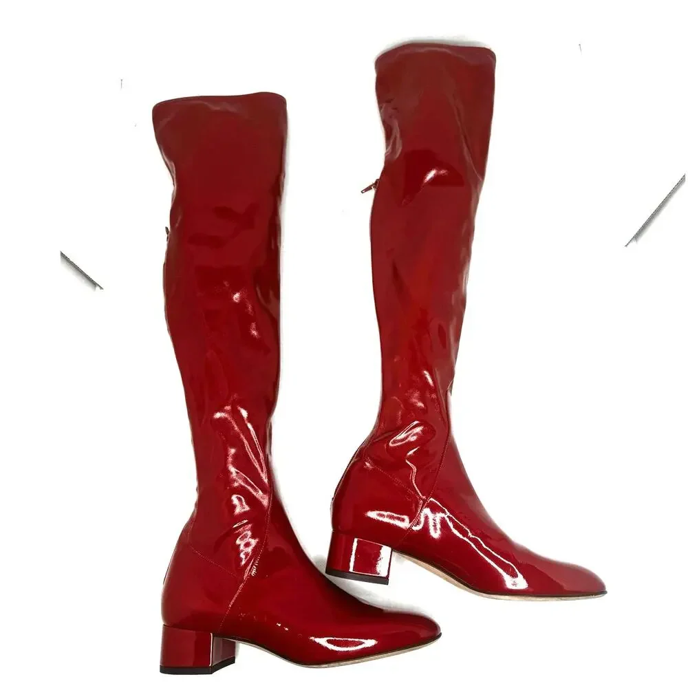 Valentino Garavani Atelier Red Patent Leather Over Knee OTK Boots Sz 36